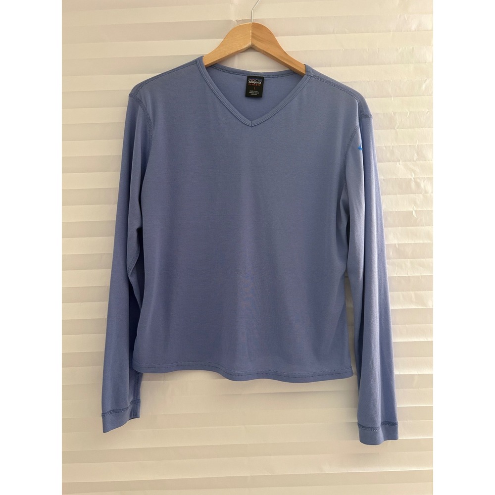 Patagonia Capilene V-Neck Base Layer Top Blue Long Sleeve Womens L Sporty